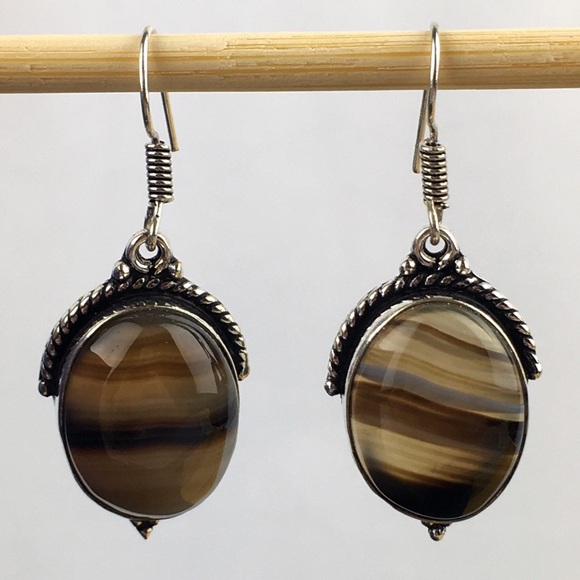 Banded Agate Stone Hook Dangle Earrings - Picture 5 of 7
